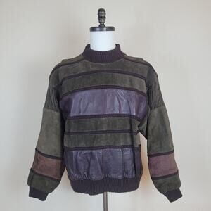 Vintage Saxony Sweater Mens Large Green Burgundy Patchwork Leather Suede 90s